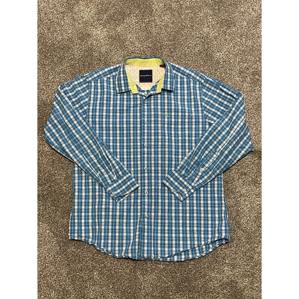 Tommy Bahama Button Up Shirt Mens Long Sleeve Medium Blue Plaid‎ Classy Beach